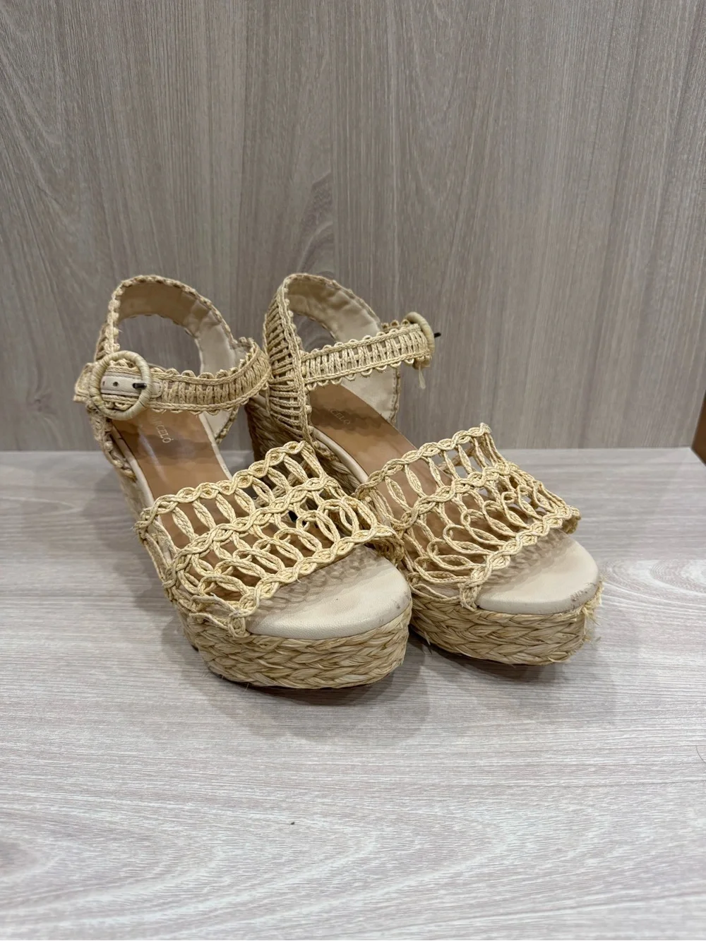 Paloma Barcelo Beige Woven Espadrille Wedge Sandals